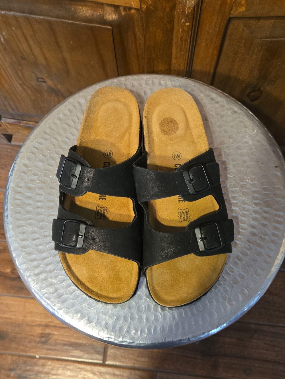 Women's Black Double-Buckle Slide Sandals with Tan Footbed